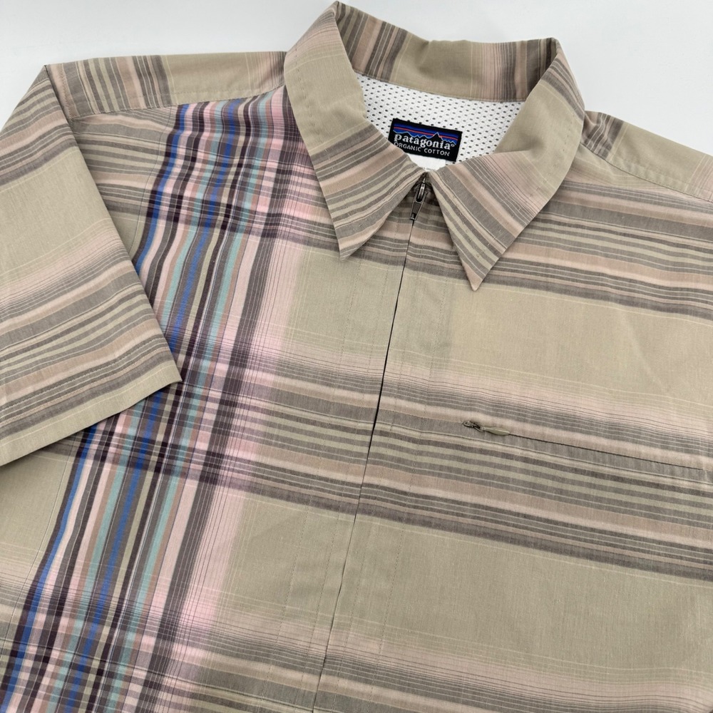 Patagonia Vintage Rhythm Sideburn Shirt Men Medium Khaki Striped Plaid Full Zip